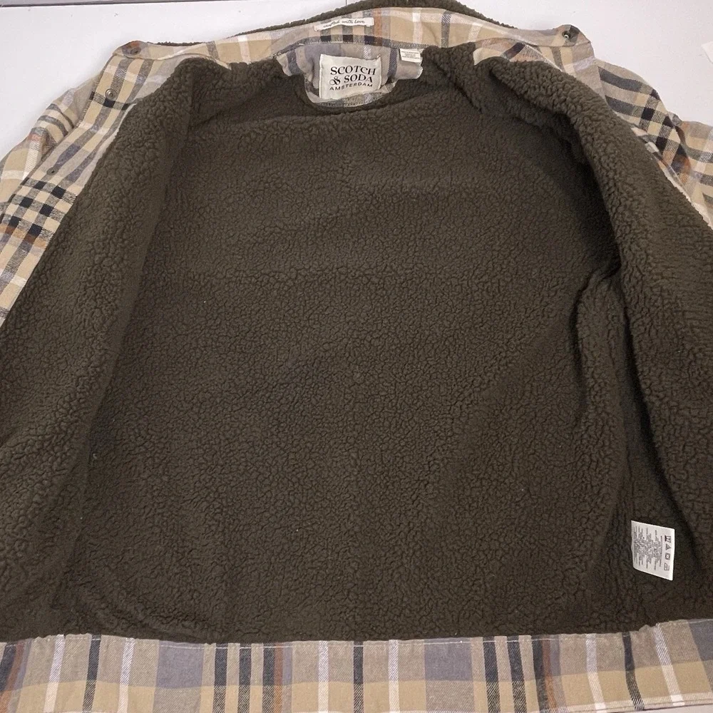 Scotch & Soda Men's Small Tan Brown Mocha Sherpa Lined Plaid Flannel Jacket